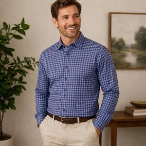 Peter Millar Crown Sport Shirt Mens Large Blue Gingham Performance Button Up Top